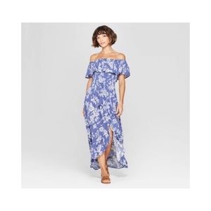 Blue & White Off The Shoulder High Low Dress